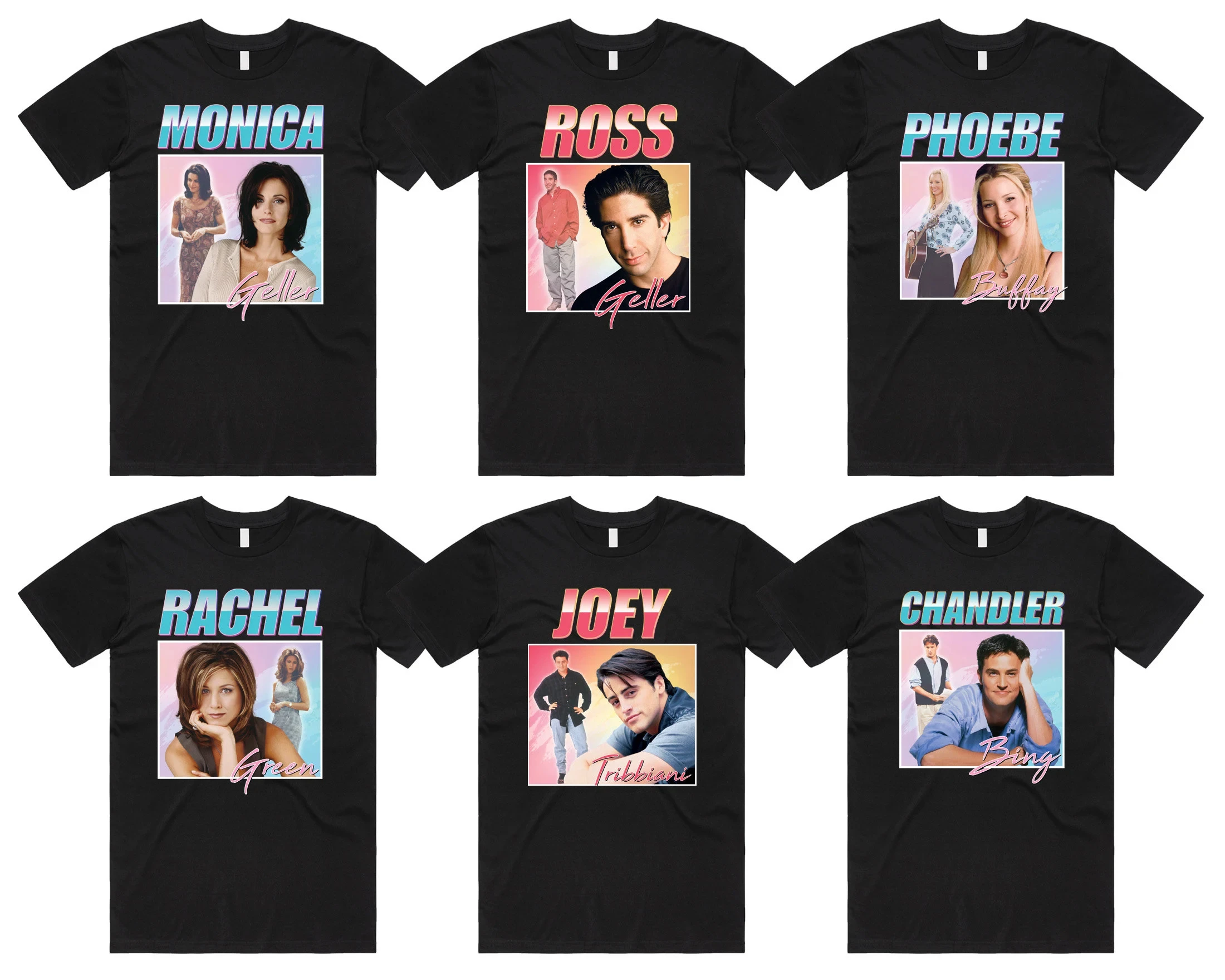 تيشيرتات "الأصدقاء" راشيل جرين، مونيكا جيلر، جوي تريبياني، فيبي بافي، روس جيلر، تشاندلر بين، تحية التسعينيات #1