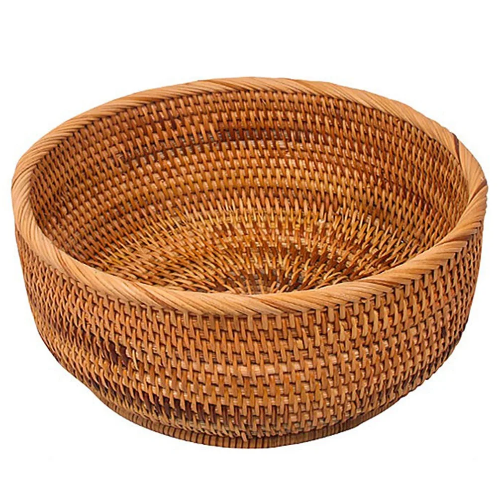 

Natural Rattan Round Fruit Basket Wicker Tabletop Bread Serving Tray Weaving Food Storage Bowls(Large, 1Pcs)