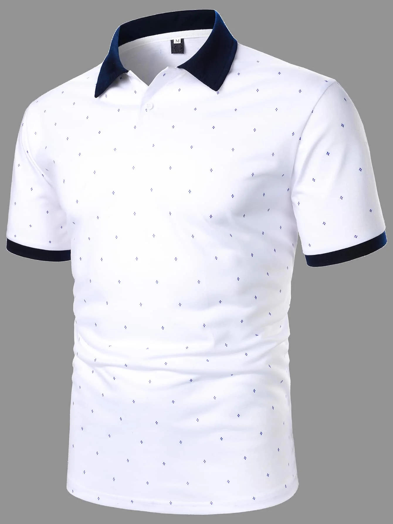 

Men's White Polo Shirt with Navy Contrast Collar and Tiny Geometric Print