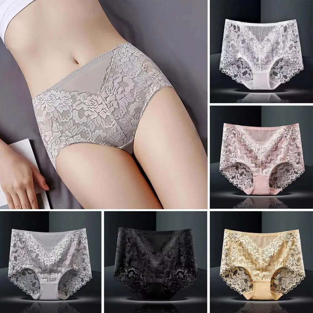 Tummy Control Panties Lace High Waist Underwear Elegant Lace High Waist Tummy Control Women\'s Underpants with Flower Embroidery