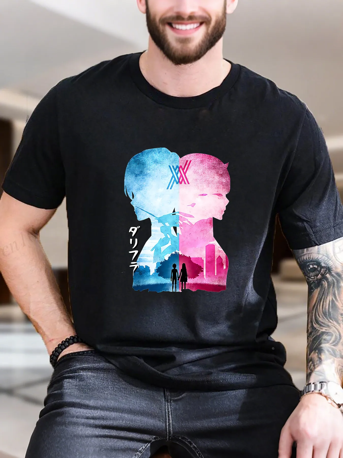 

New Arrival Fashion Anime Couple City Print Pure Cotton T-Shirt Men Breathable Comfortable Trendy Loose Fit Japanese Style Casual
