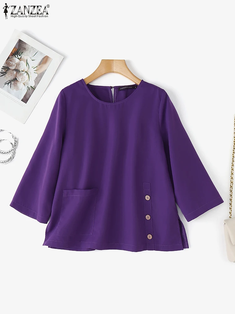 

ZANZEA Women Blouse Casual Buttons Tunic Fashion 3/4 Lantern Sleeve Solid Color Tops 2025 Femininas O-Neck Summer Pullovers