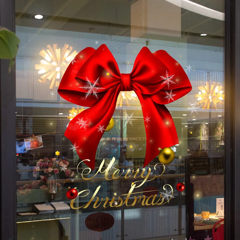 Christmas Window Static Cling Decal, Red Bow Snowflake Ball Merry Christmas Glass Sticker, Shop Home Xmas Holiday Decor Window