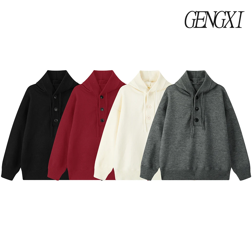 

Japanese retro style henley neck hooded knitted sweater Clean Fit loose oversized top coat Autumn and winter men's sweatshirt