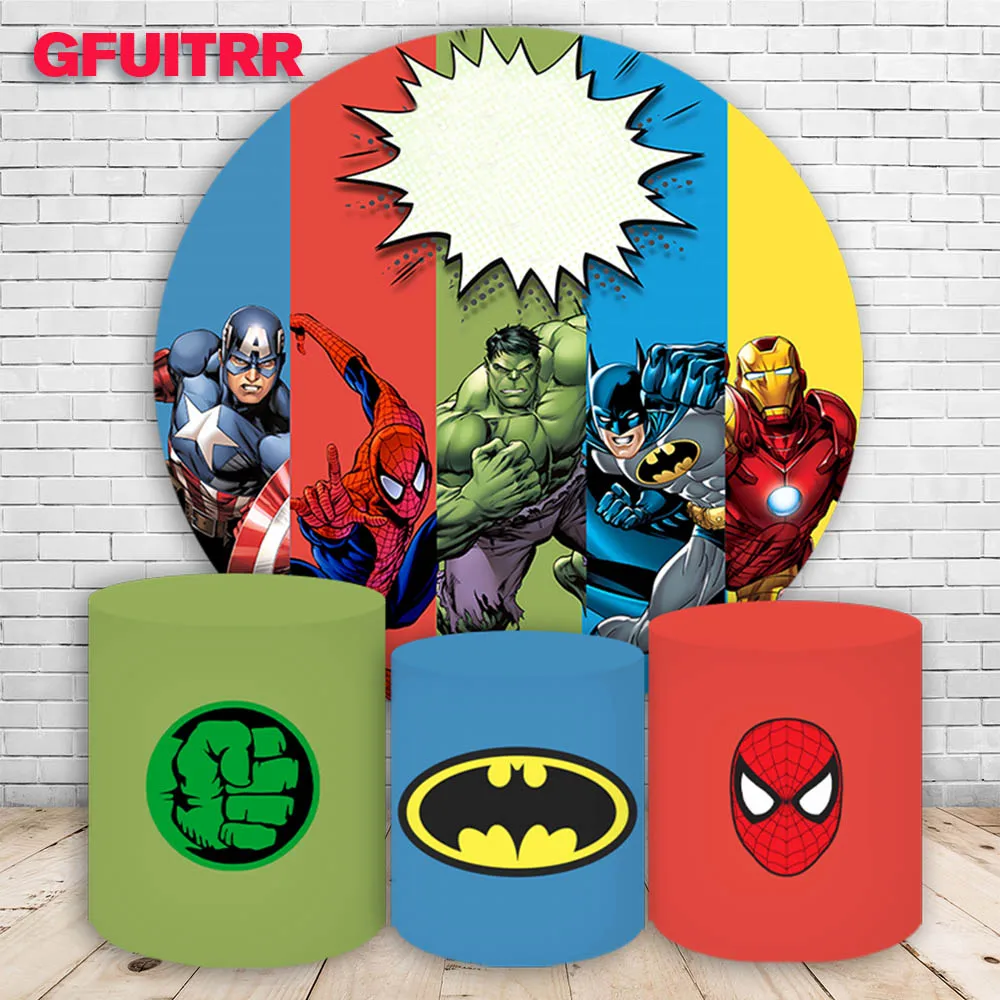 Super Hero Round Backdrop Birthday Party Marvel Decoration Spiderman Photography Background Cylinder Cover Baby Shower Prop