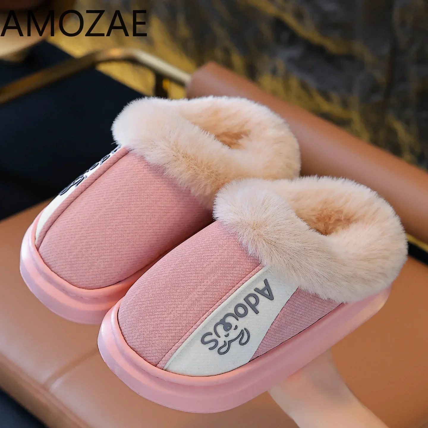 Solid PU Leather Boys Girls Slippers Winter Plush Warm Furry Children Slippers Casual Soft Bottom Floor Kids Home Shoes