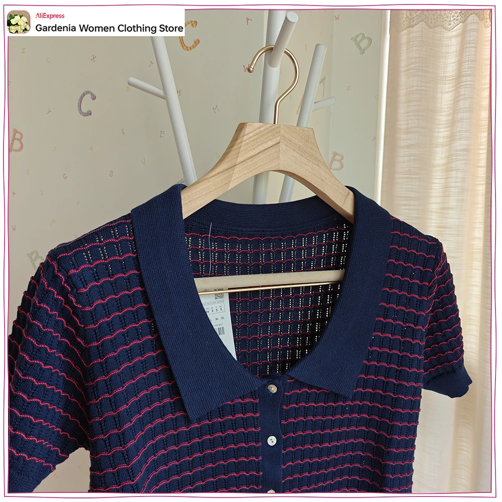Stylish Knit Peter Pan Collar Tops for Women New in Casual Short Sleeves Knitted T-shirts Summer Contrasting Pinstriped Cardigan