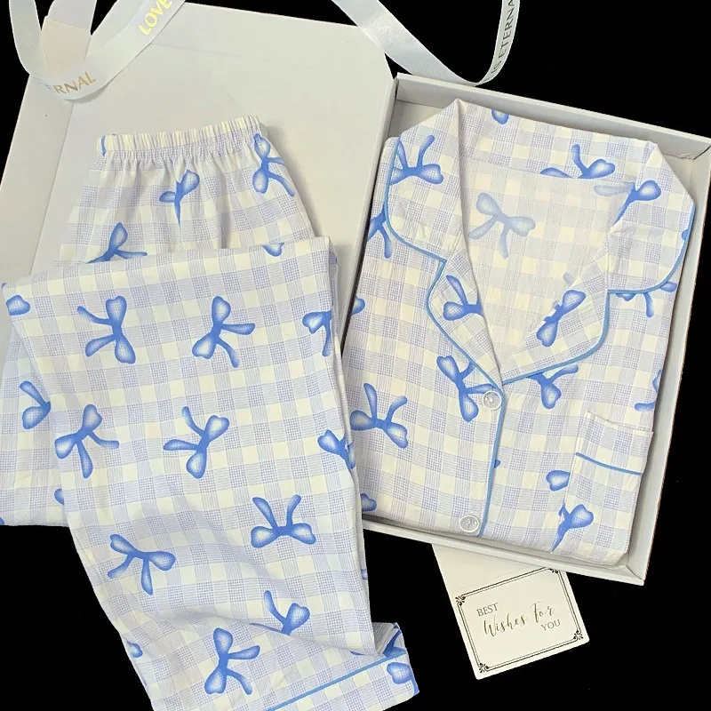 

Autumn and Winter European Girls' Four Season Pajamas Plaid Long Sleeves Luscious Bow Cardigan Set Women Sleepwear Homewear