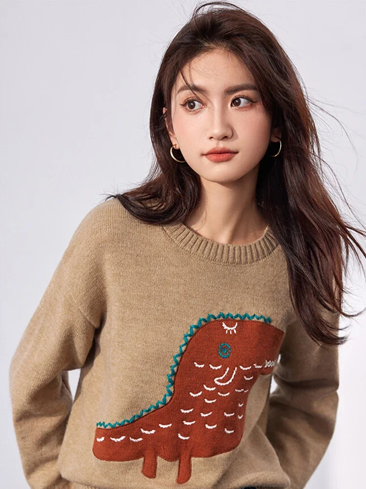 Dinosaur Cartoon Sweaters Women O-Neck Full Sleeve Loose  Pullovers Women 2022 Autumn Korean Fashion Cute Knitwear Female Tops