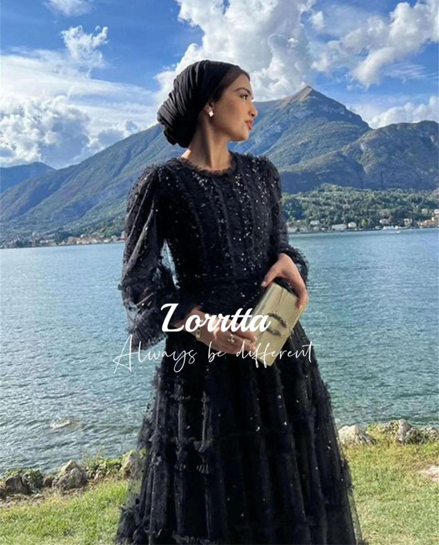 Lorrtta Elegant Black Ball Gown Ruffled Tulle Beaded 3/4 Sleeve Formal Evening Gown Party Dress Evening Robe Dresses Customized