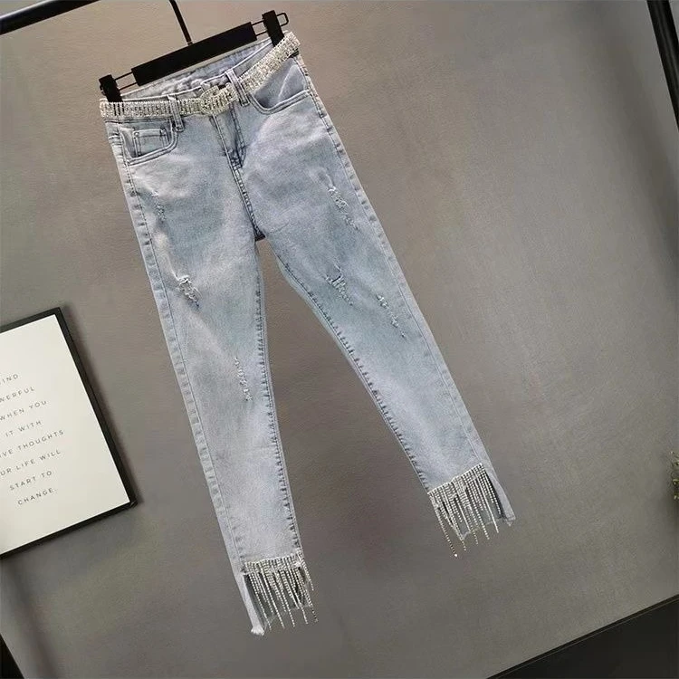 

Trendy Light Blue Denim Pants Women 2026 New Spring Summer Slim Fit Stretch Skinny Jeans Rhinestone Fringe Cigarette Style