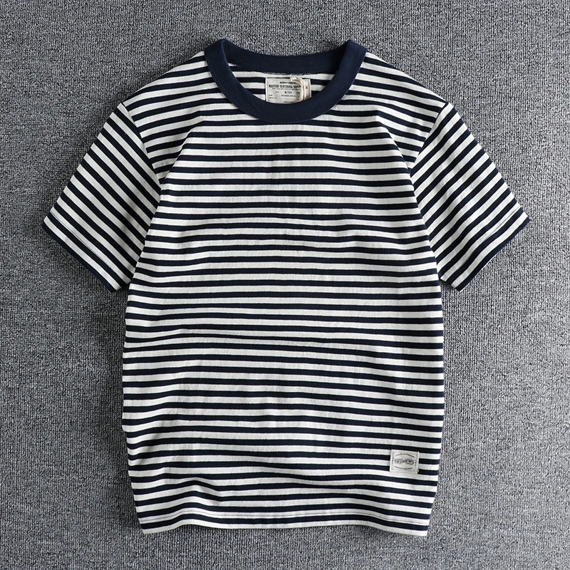 Vintage Sailor\'s Striped T Shirts for Men Summer Half Sleeve 250GSM Heavy 100% Cotton Washed T-shirt for Youth Male Tees Tops