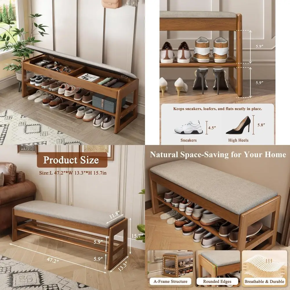 

Cotton-Linen Cushioned 2-Tier Wooden Shoe Storage Bench, 550lbs Capacity, Sleek & Contemporary Design for Entryways and Halls