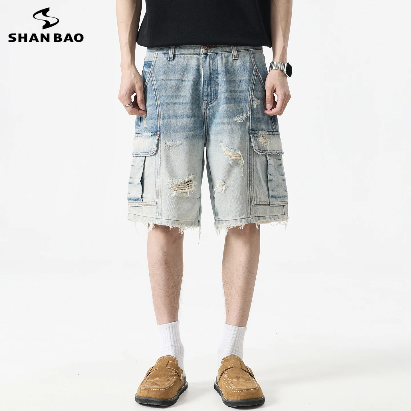 

SHAN BAO Scratched holes summer men's high quality clothing denim shorts classic side pocket American retro casual shorts