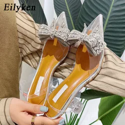 Eilyken-zapatos de tacón alto bajo para mujer, sandalias transparentes de PVC con lentejuelas de cristal y lazo plateado, para fiesta, boda y graduación, primavera y otoño