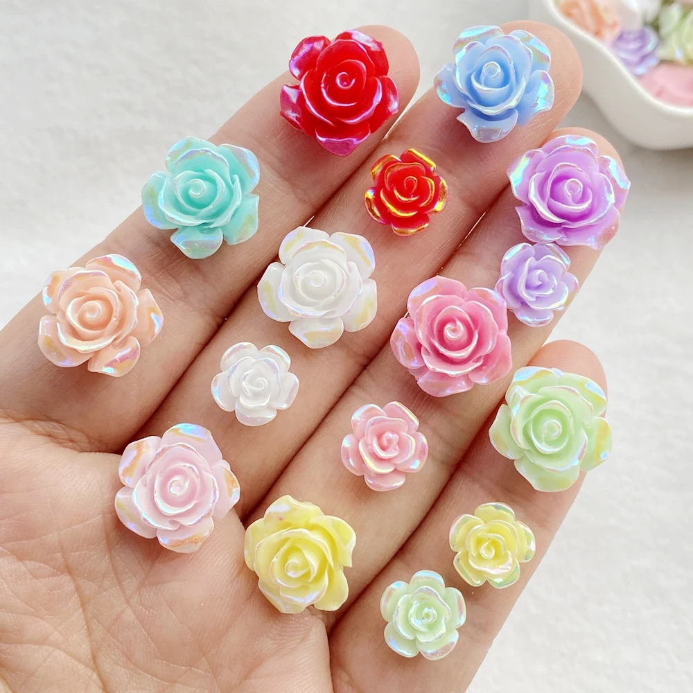 20pcs 9/14mm AB Resin Rose Flatback Flower Rhinestone Gems Scrapbook Wedding Ornaments Applique Crafts DIY
