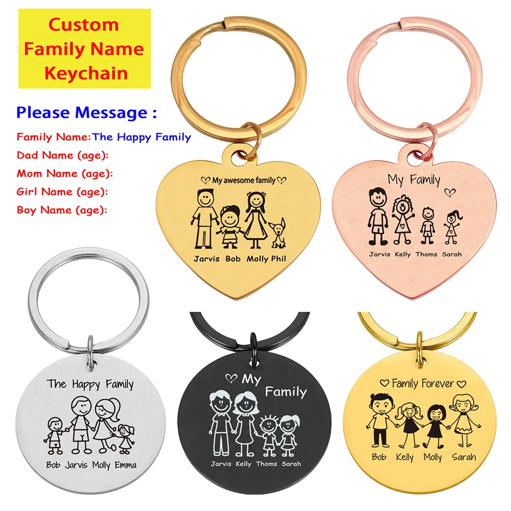 Custom Family Name Keychain Engraving Personalized Dad Mother Kids Parents Families Member Keyring Key Chain Ring Holder Gifts