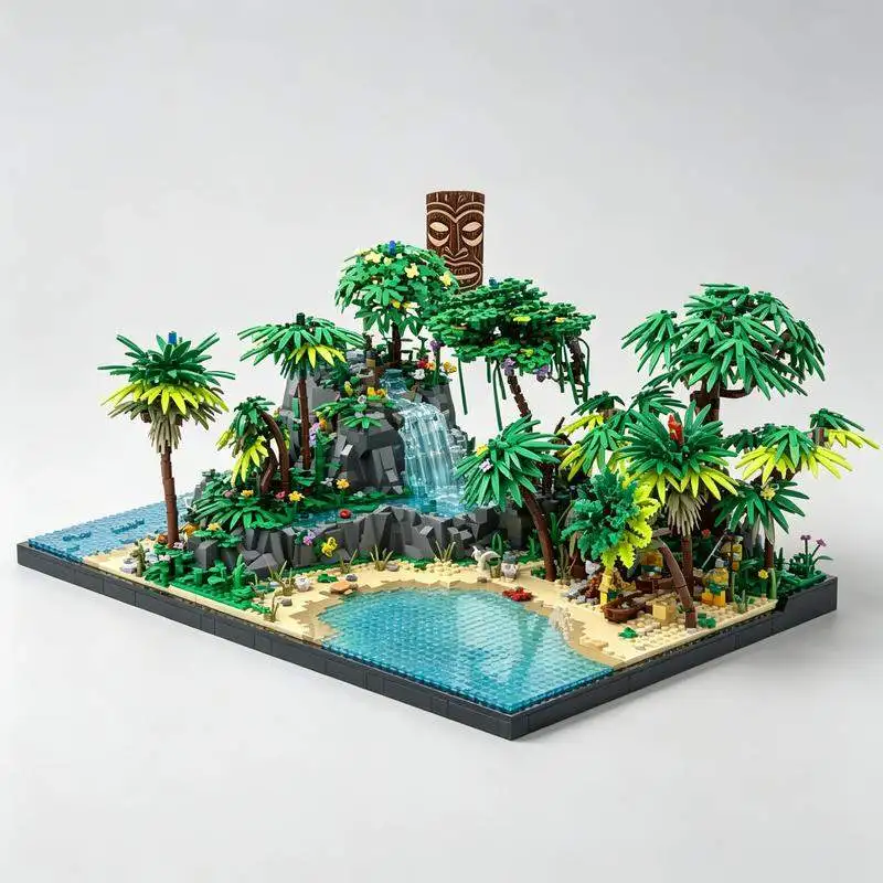 5693PCS MOC Complete Modular Tropical Island Atoll Scene Palm Trees Lagoon Building Blocks Model DIY Assembly Display Gift Set