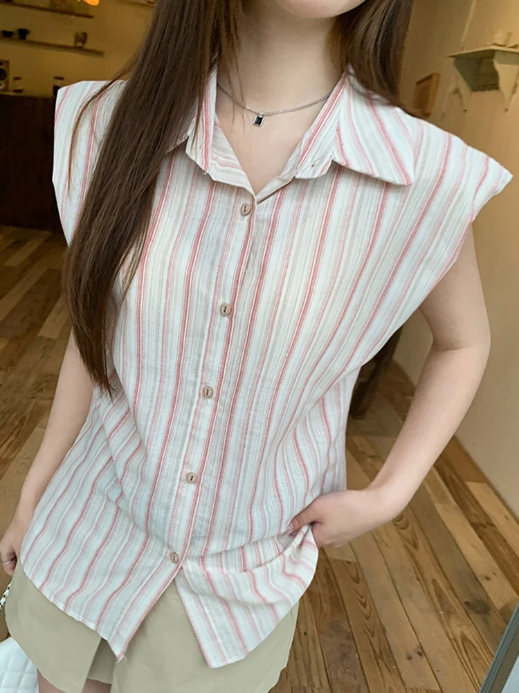 Women Vintage Striped Shirt Casual Korean Sleeveless Retro Sweet Blouse Summer Turn Down Collar Female Simple Design Tops