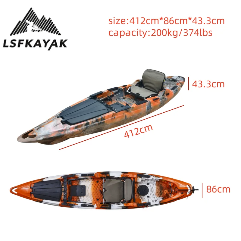 2025 Factory 4.12m Kayak Fishing Boat For One Person Use Outdoor Surfing Plastic Kayak With Luxury Footrest