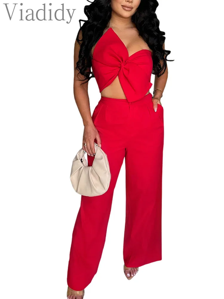 

Women's Sexy Solid Color 2pcs Set Bowknot Decor Sleeveless Tank Top and High Waist Wide Leg Pants Set