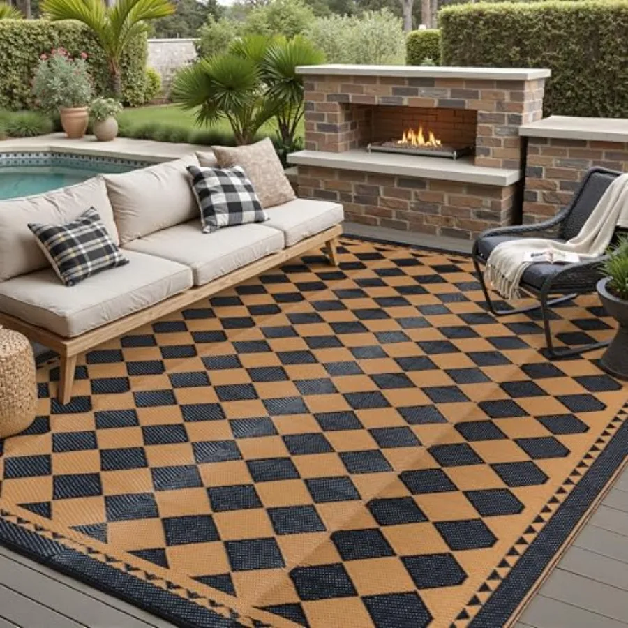 

Outdoor Waterproof Rug 8'x10' Plastic Straw Brown Plaid Washable Reversible Floor Mat for Camping RV Deck Porch Picnic Balcony