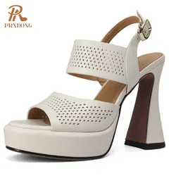 PRXDONG New Classics Genuine Leather Summer Shoes Woman Sandals High Heels Platform Black Beige White Dress Party Lady Pumps 39