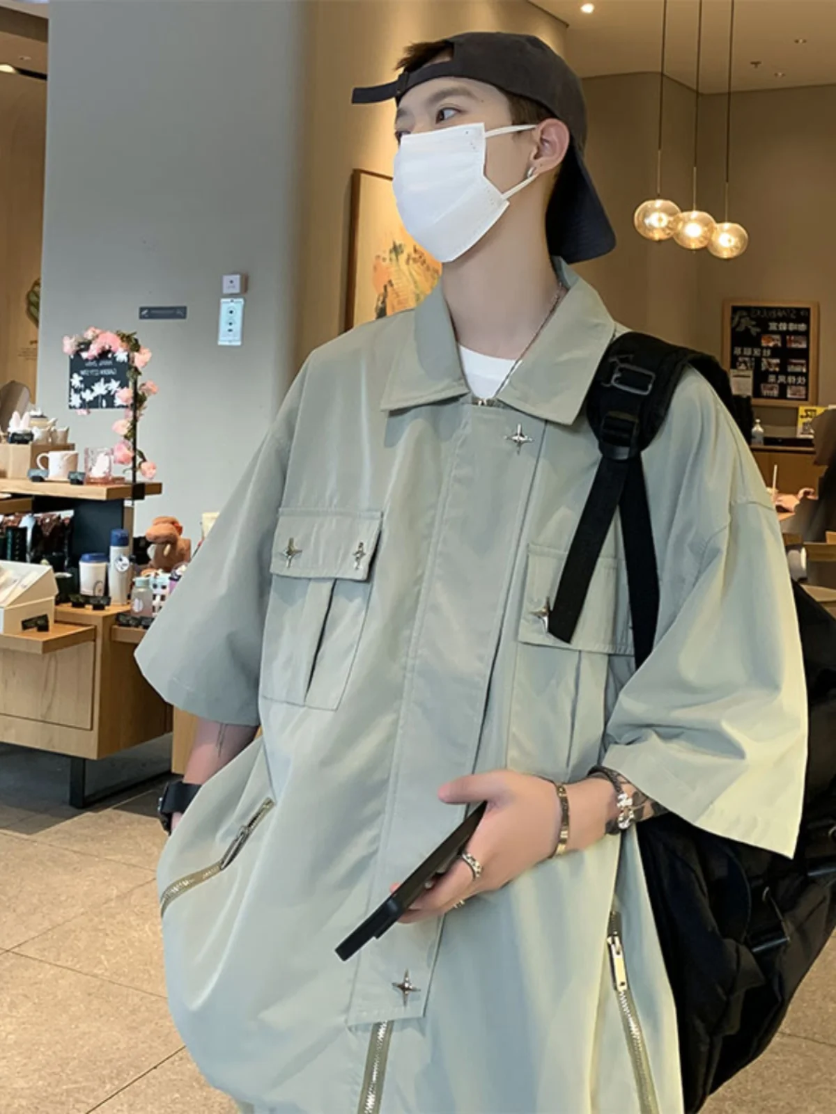 

Мужская рубашка-куртка в американском ретро-стиле с молнией, уличный дизайн, летняя, модная, оверсайз, свободного кроя