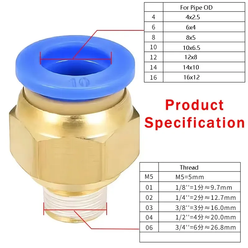 PC Air Pneumatic Fitting Quick Connector 4-m5 4-M6 4mm 6mm 8mm 10mm 12mm Male Thread 1/4 1/2 1/8 3/8 Compressed Hose Tube Pipe