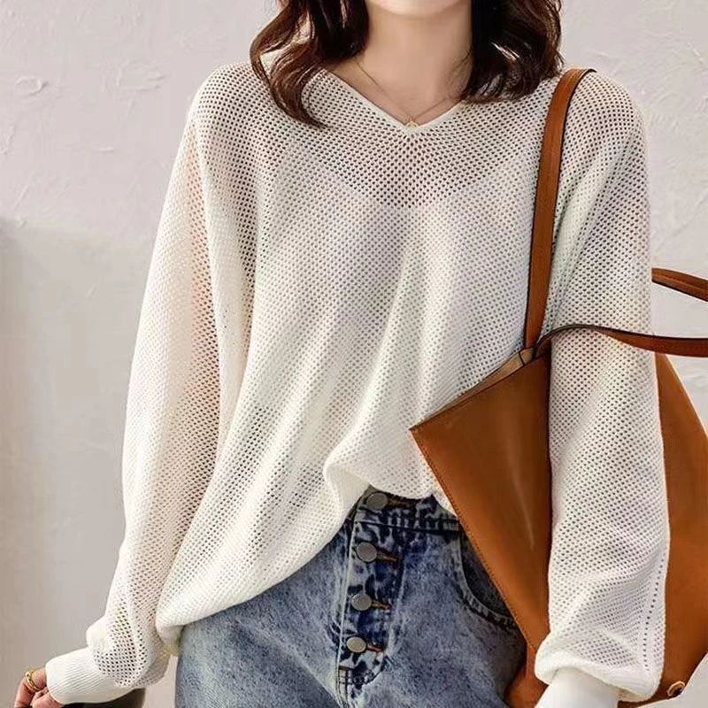 

Spring And Summer Hollow Out Mesh Long Sleeve Women Hooded Sweatshirts Thin Sun Protection Fashion Loose Knitted T Shirts White