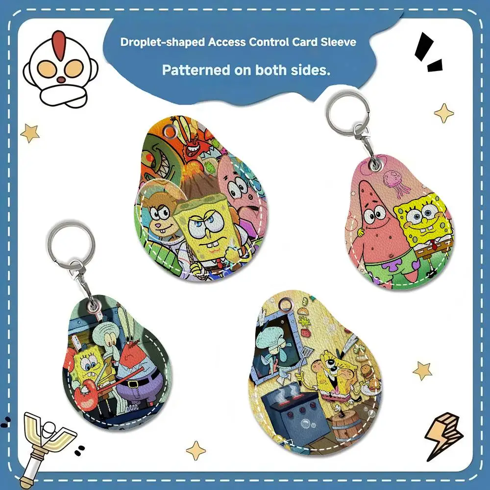 Kawaii Cartoon Funny S-SpongebobS PU Access Case Anti-fall Card Holder Keychain Accessories Fingerprint-proof Key Tag Ring