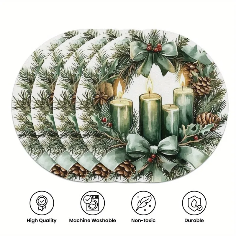 VIKAMA Linen Oval Placemats, Green Holly Leaf Red Berry, Washable Stain Resistant Easy Clean, Christmas Kitchen