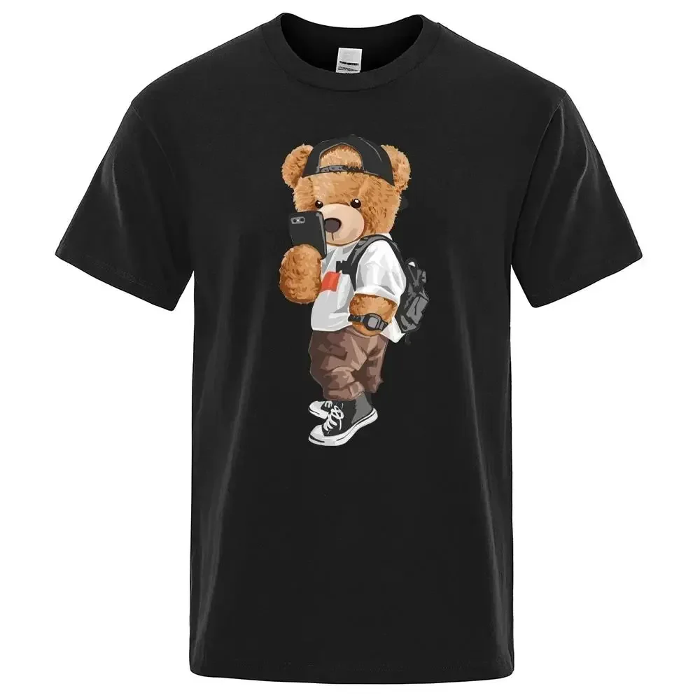 Teddy Bear Taking Your Photo T Shirt Cartoon Graphic Print T Shirt Fashion Casual Crew Neck Plus Size Short Sleeve T Shirt Women