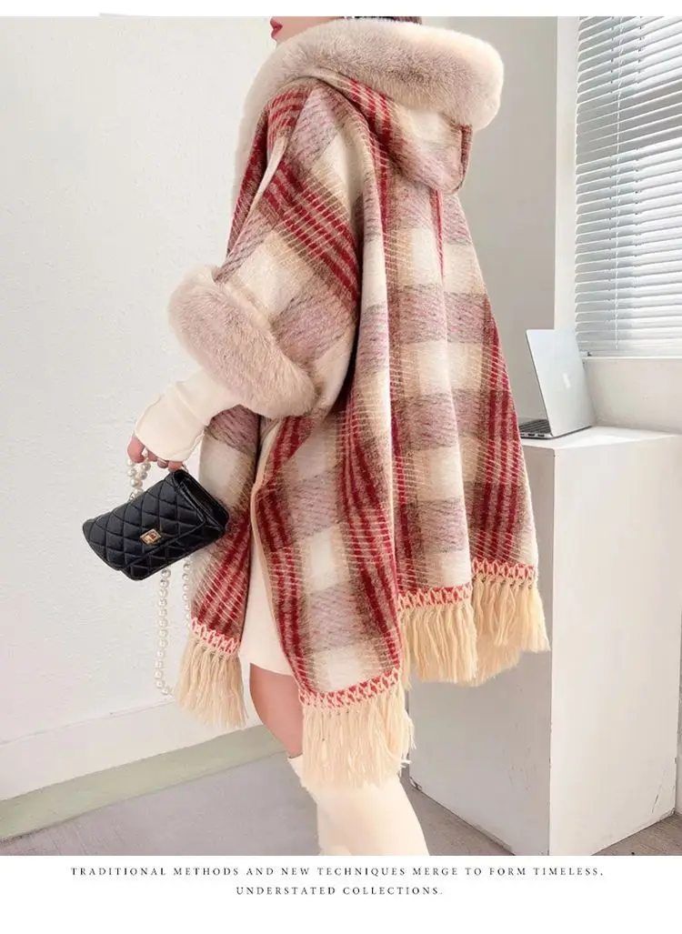 Cardigan fur collar hooded cape female autumn and winter women coat languid tassel shawl foreign long sleeve cardigan poncho