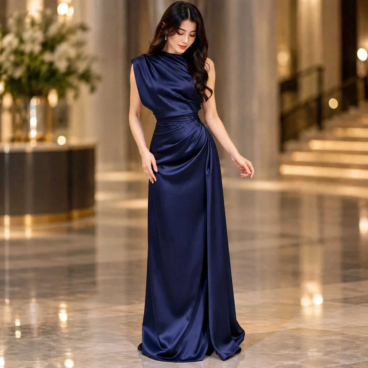 Round Neck Party Gown Irregular Hem Socialite Style with Date Evening Dress for Stage Summer Maxi Length Sheath Daily for Women