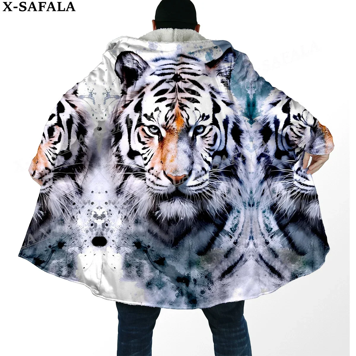 Mythology Tiger The King Spirit Thick Warm Hooded Cloak Men Overcoat Coat Windproof Fleece Cape Robe Hooded Blanket-6