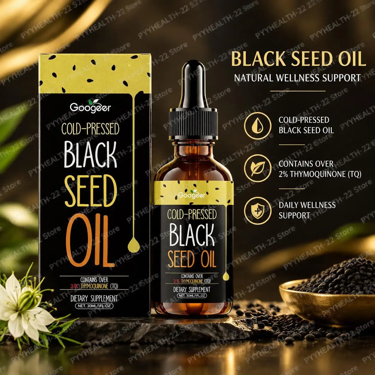Supports Immune Balance & Antioxidant Defense, Cold-Pressed Black Seed Oil Drops with 2% Thymoquinone & Turmeric Extract, 30ml