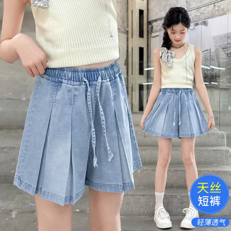 New Style Kids Child High Waisted Pleated Denim Shorts for Girls 2025 Summer Clothes y2k Streetwear Drawstring Shorts Pants