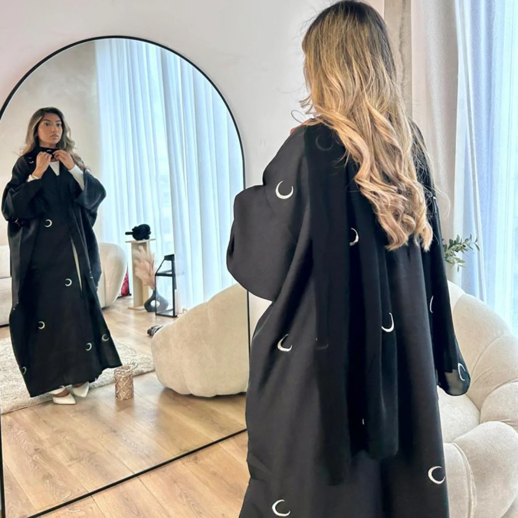 Turkey Kaftan Women Muslim Moon Embroidery Dress Open Abaya Dubai Islamic Jalabiya Kimono Cardigan Eid Ramadan Robe Party Gown