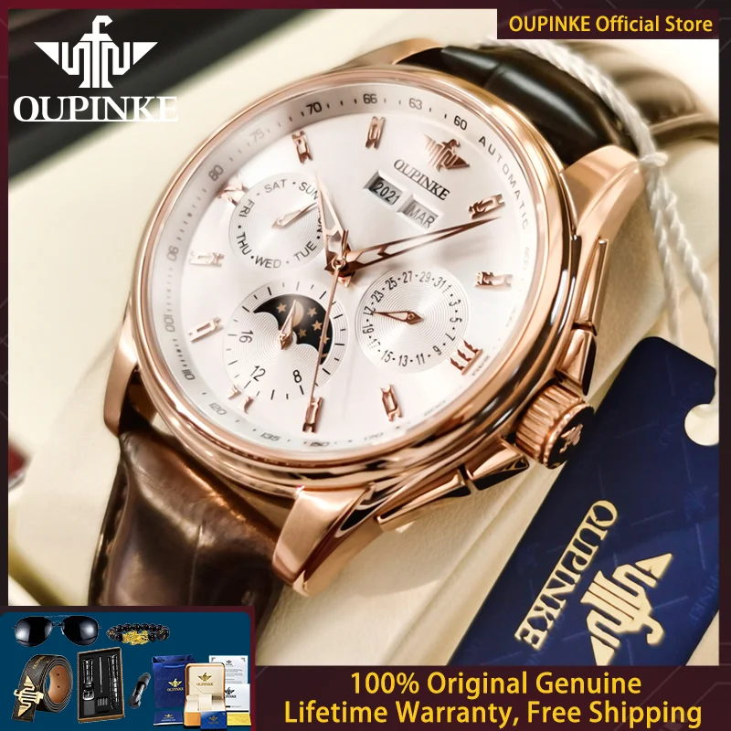 OUPINKE 3189 Orologio da uomo di marca di lusso originale da uomo orologio meccanico automatico impermeabile fasi lunari specchio zaffiro orologio da uomo alto