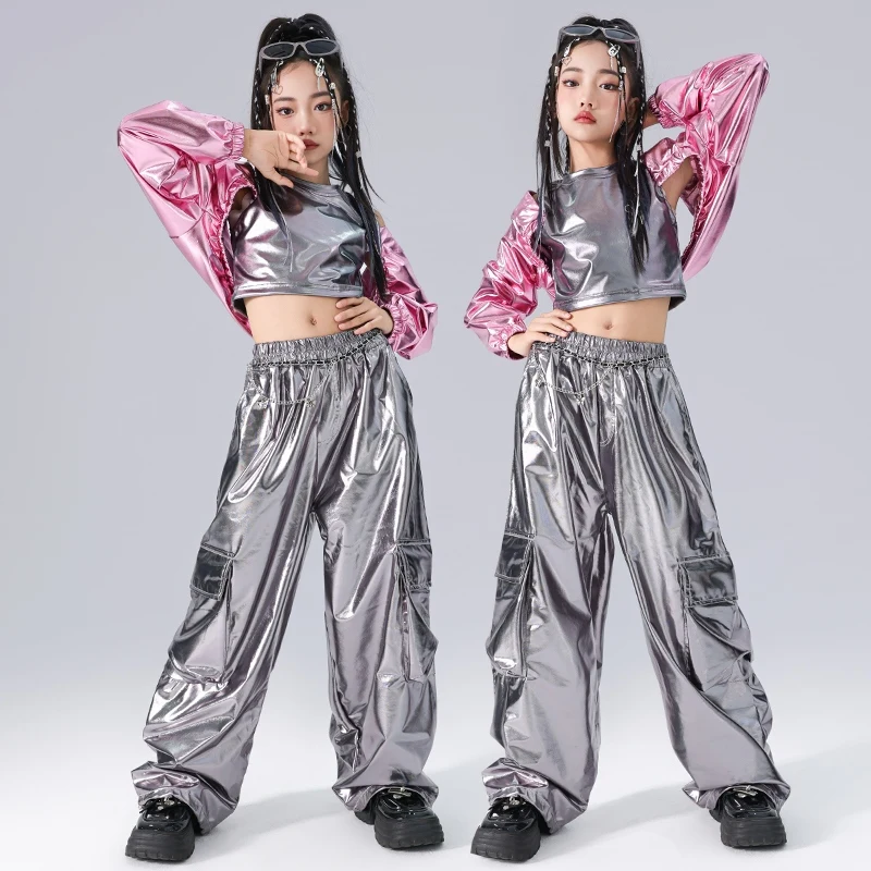 2024 Trend Girls Clothes Jazz Dance Costume Glossy Pink Silvert Suit Hip Hop Performance Outfits Kids Competition Wear BL14035