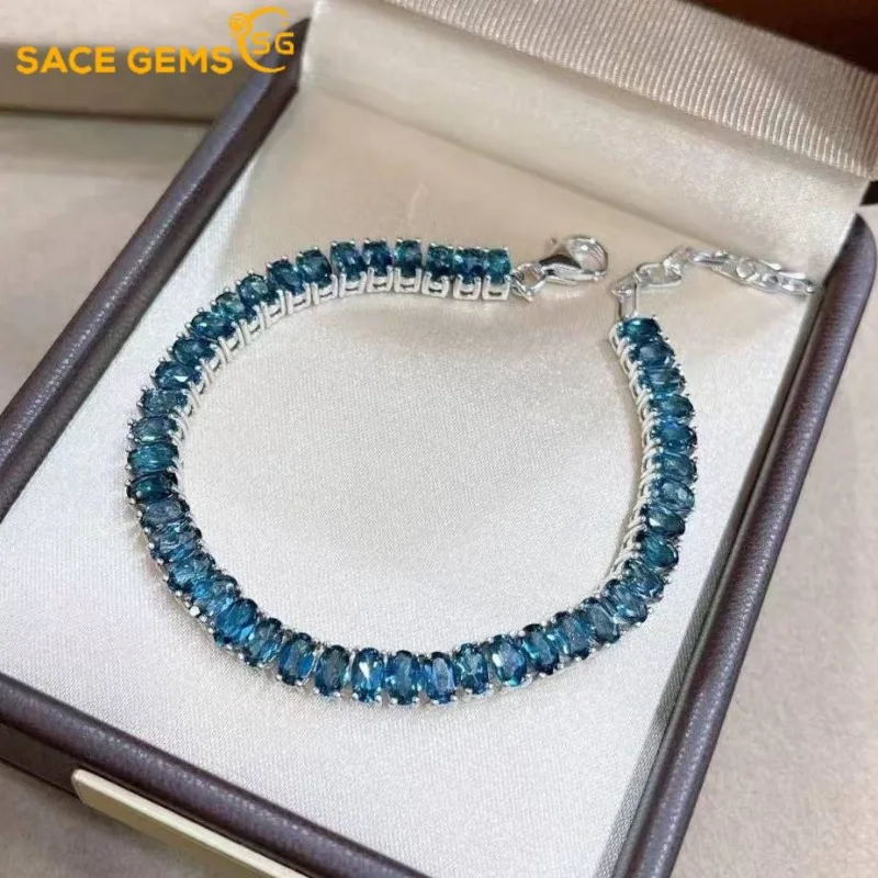 

SACE GEMS 925 Sterling Silver Natural London Blue Topaz Gemstone Bracelrts for Women Engagement Cocktail Party Fine Jewelry