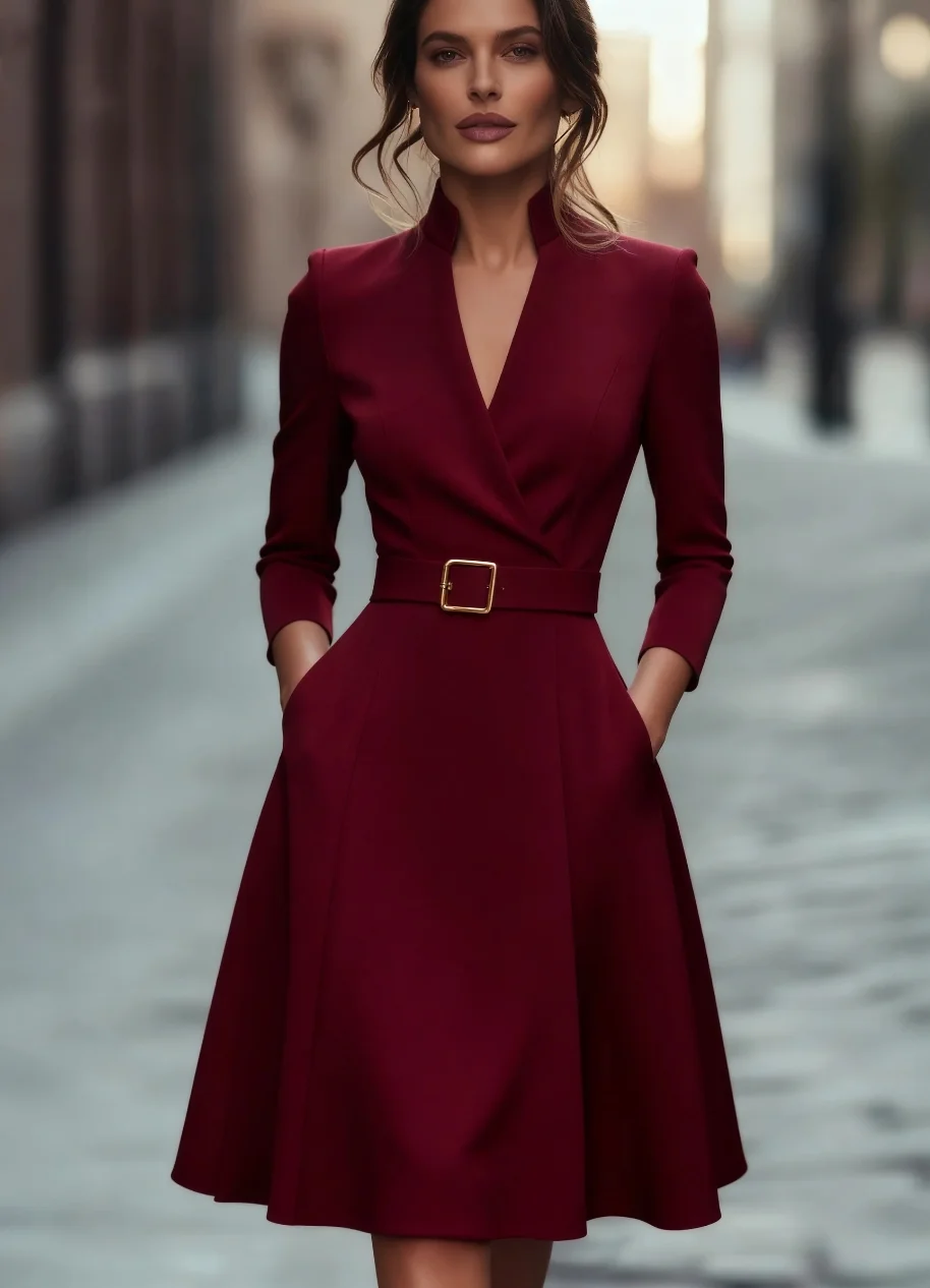 Outono e inverno temperamento viajando cintura emagrecimento com decote em v manga comprida em forma de a saia de cinto médio-longo para mulher