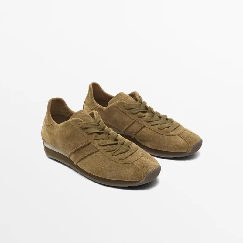 

Withered Nordic Women's Leather Flat Bottomed Round Toe Retro Camel Suede Sports Shoes With Lace Up Casual Training Shoes Woman