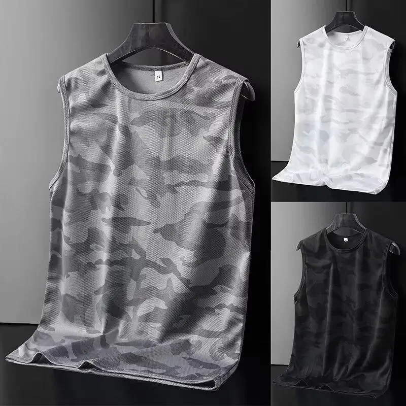 Men's Ice Silk Vest Summer Sports Fitness Base Layer Wide Shoulder Training Camouflage Sleeveless T-shirt Shoulder Vest Quick Dr