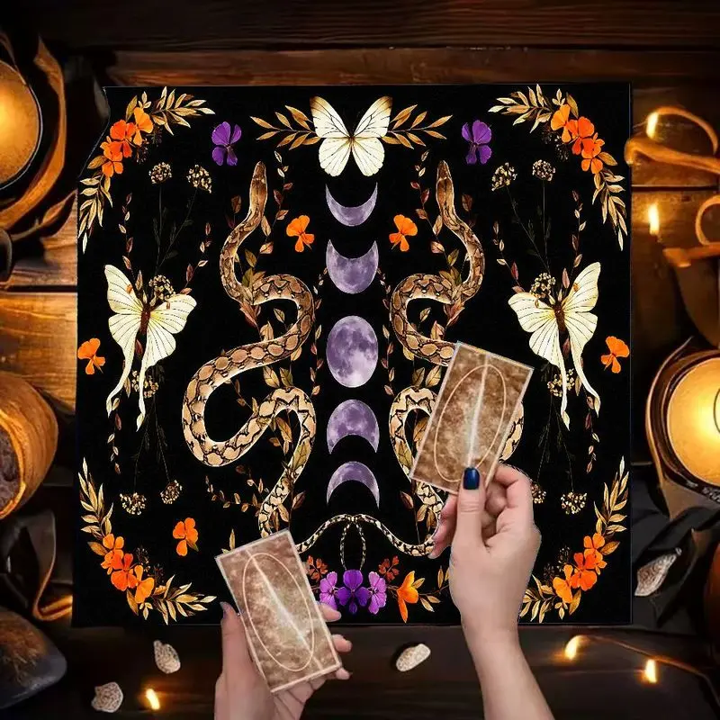 VIKAMA Tarot Table Cloth Dual Snake Butterfly Moon Phase Altar Cloth Black Floral Wicca Witch Divination Ritual Table Mat