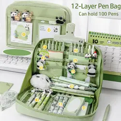12-Layer Large Capacity Pen Bag 90 Degree Large Opening Student Multifunctional Pencil Case Zipper Stationery Organizer School