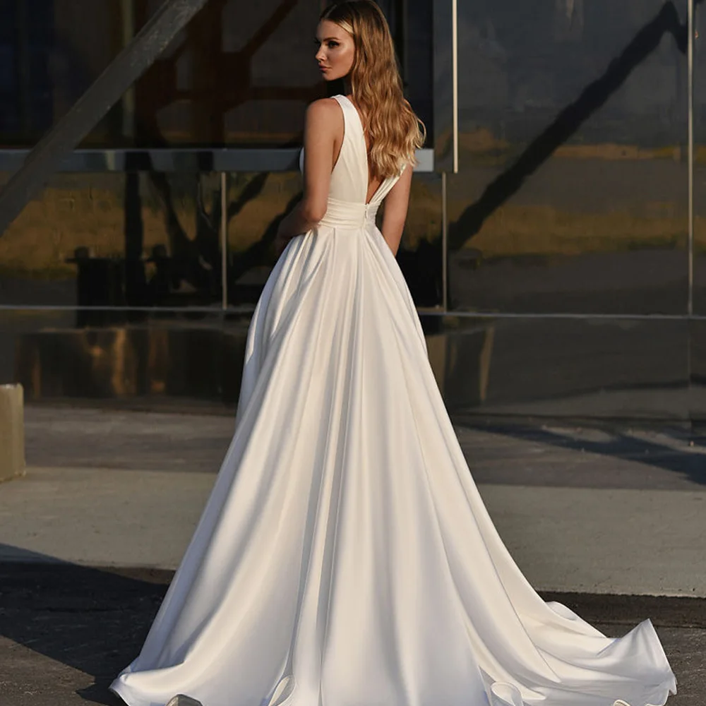 A-Line Wedding Dress Satin Side Slit Floor Length Custom Made To Measure For women Robe De Mariee With Pocket White Elegant 2023