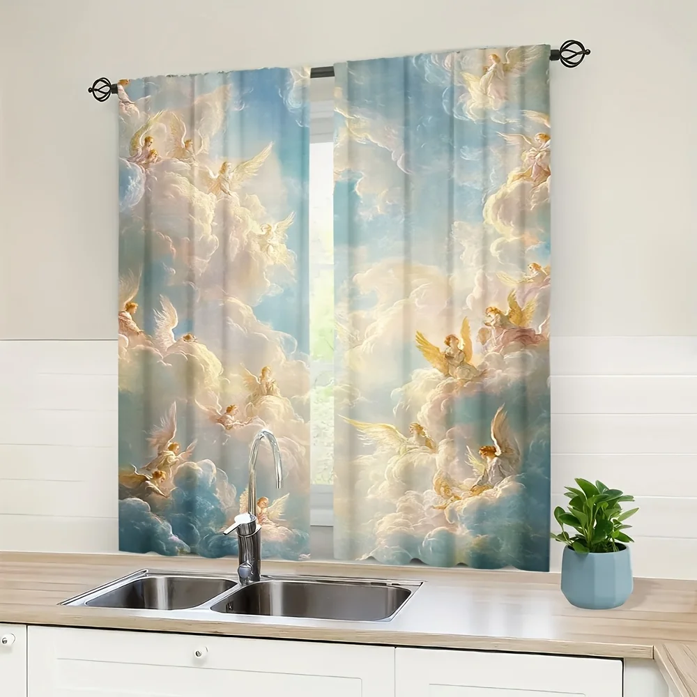 Renaissance Angel and Cloud Pattern Window Curtains Decorative Home Decor for Living Room and Bedroom