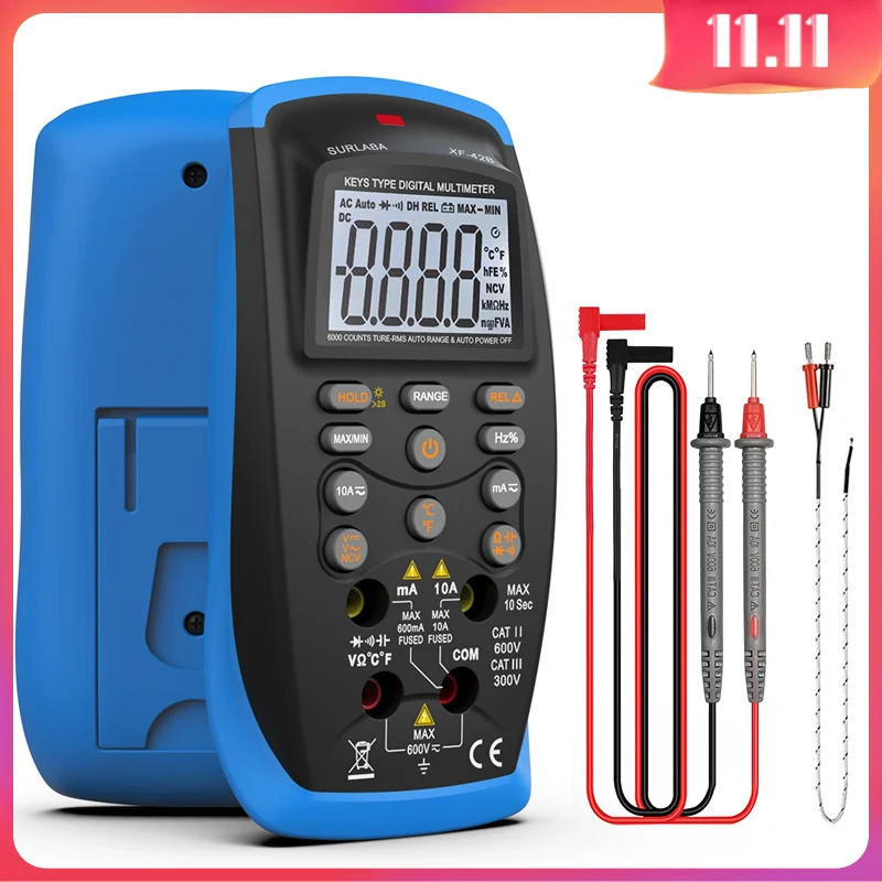 

BT-42B TRMS 6000 Count Digital Multimeter, Push Button Design, Auto-Ranging Ohm Volt Amp Cap Hz Diode Voltage Temp Continuity